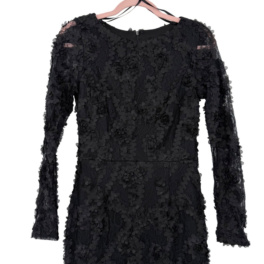 XSCAPE Sheath Dress Women 4 Black 3D Floral Lace Long Sleeve Knee Length NEW